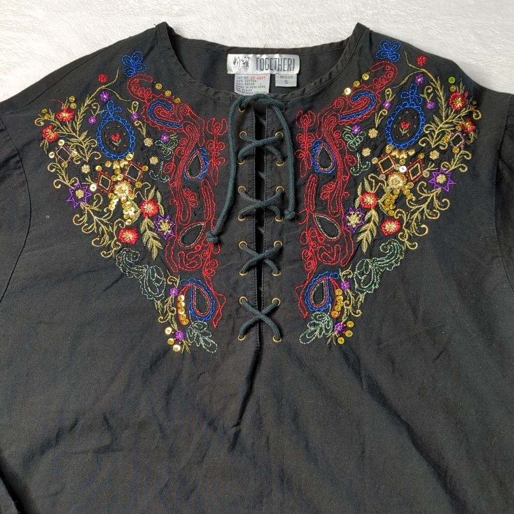 Together! Vintage Embroidered Lace-Up Blouse Size S